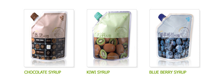 chocolate syrup, kiwi syrup, blue berry syrup