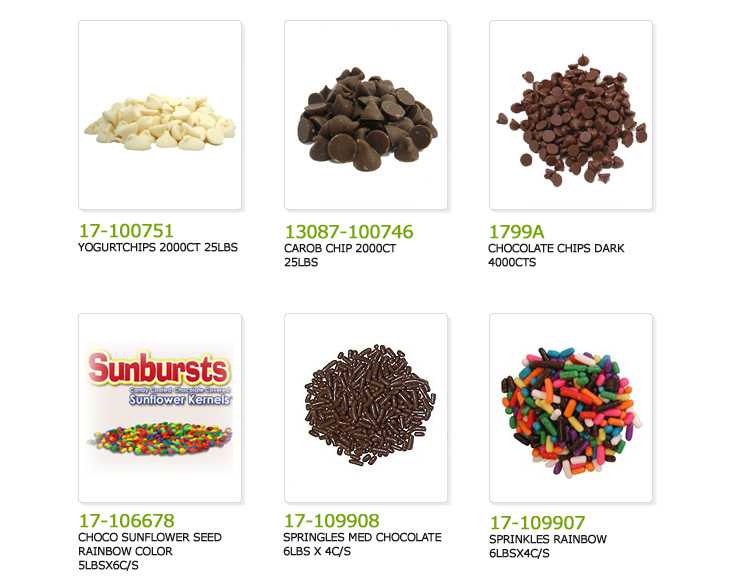 yogurt chips, carob chips, chocolate chips, chocolate sunflower seeds rainbow color, sprinkles medium chocolate, sprinkles rainbow, 